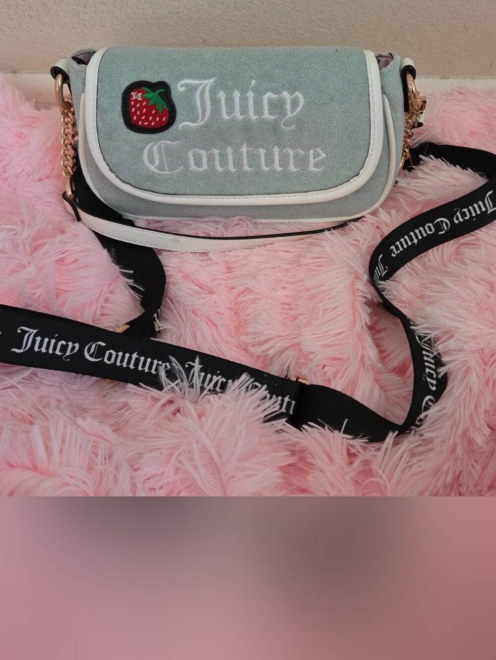 Juicy Couture Mint Green Velvet Crossbody with Strawberry Patch